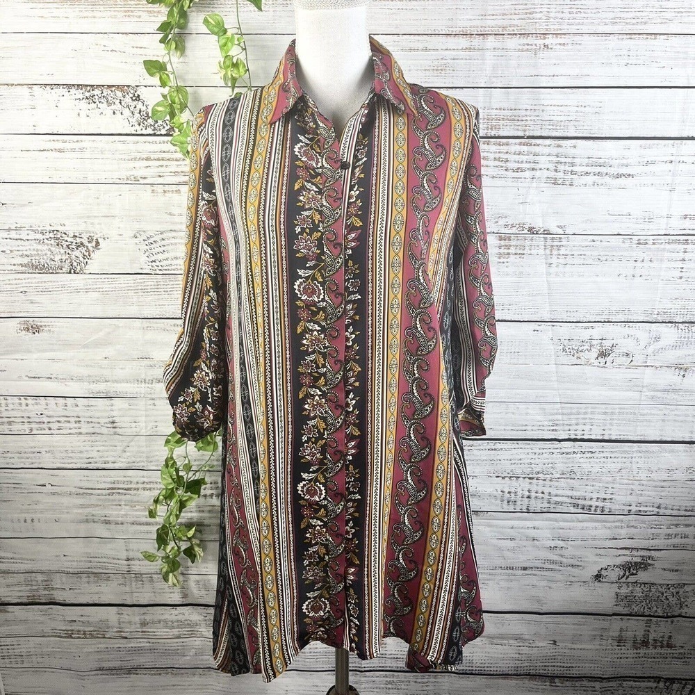 Melissa Paige Blouse Tunic size Small Burgundy Gold Paisley Sheer Lagenlook Slim